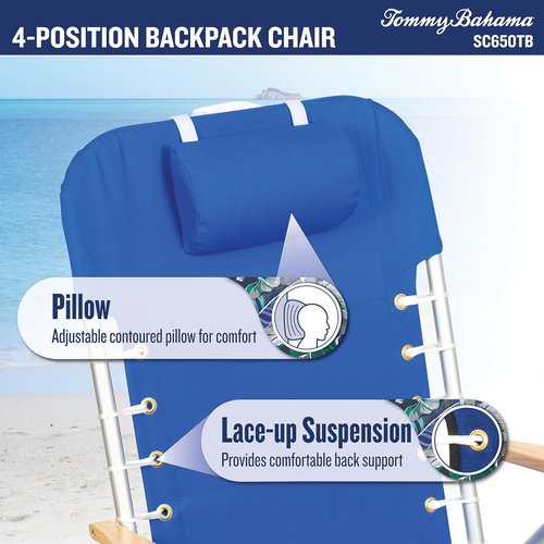 Tommy Bahama Folding Beach Chair - 4-Position Lace-Up Suspension - 17" Seat Height - Portable & Comfortable