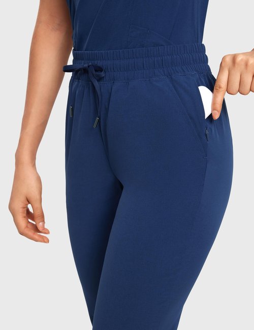 POPVIOLET High Waisted Jogger Scrub Pants for Women with 5 Pockets Drawstring Medical Work Pants Breathable Prussian Blue (Navy) Medium