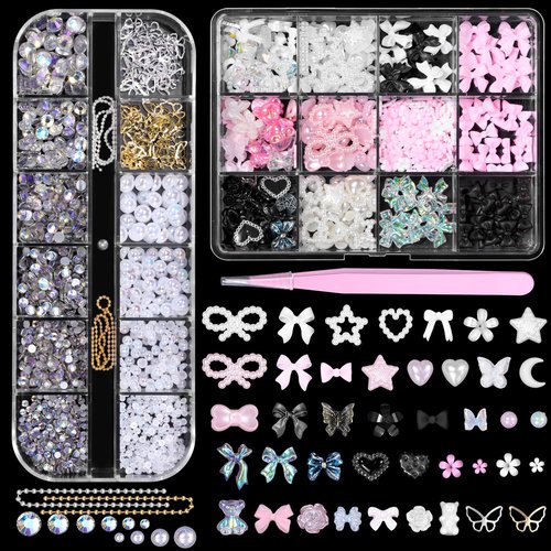 3D Assorted Nail Charms Gems, Bow Bowknot Butterfly Flower Acrylic Nail Art Charms, Half Round Nail Pearl and Rhinetones Charms for DIY Nail Art Accessories