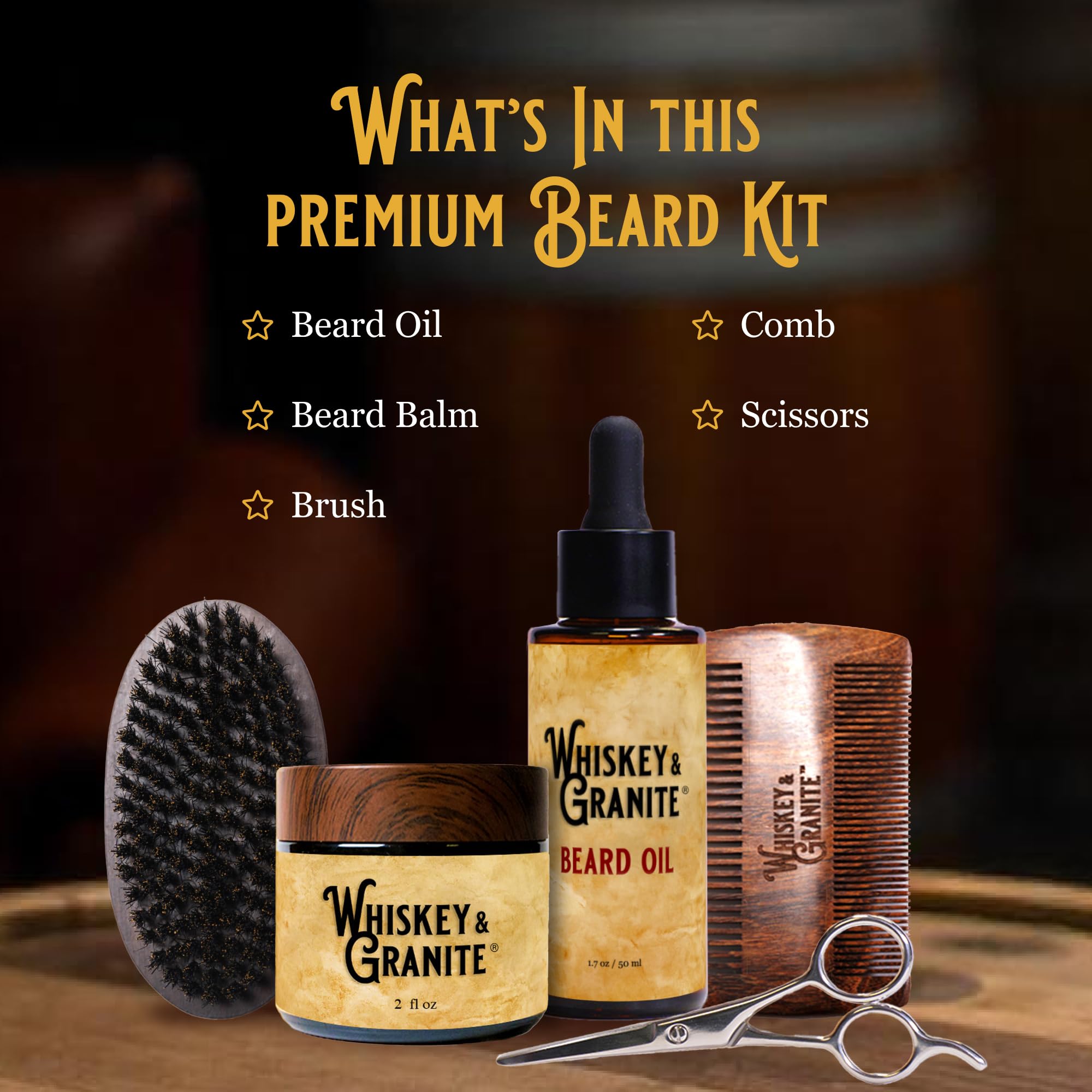 Whiskey & Granite Beard Kit for Men – 100% Natural Ingredients (Fresh Mint). Includes beard oil and balm, comb, brush, and scissors.