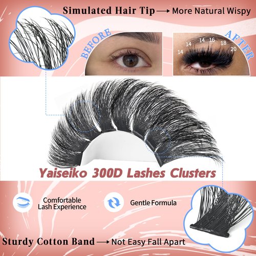 Full Volume Lash Clusters 300D 8-25mm Thick Cluster Eyelash Extensions 340Pcs Wispy 3D Individual Lashes Waterproof Mega Eyelash Clusters Soft False Eyelashes Big Pack, by Yaiseiko