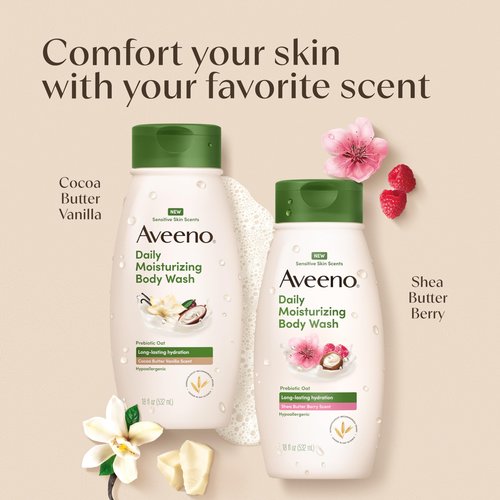 Aveeno Daily Moisturizing Body Wash with A Shea Butter Berry Scent & Soothing Prebiotic Oat, Provides Long-Lasting Hydration for Sensitive Skin, Hypoallergenic, Paraben-Free, 18 fl. oz