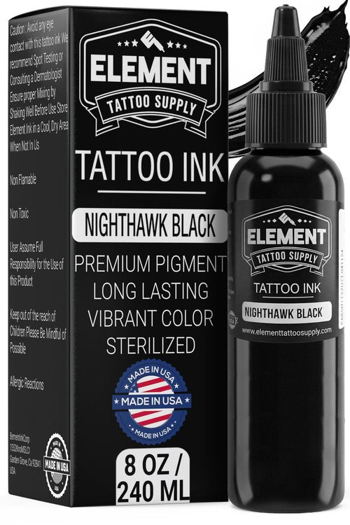 Element Tattoo Supply Nighthawk Black Tattoo Ink 8oz Deep Dark Black Pigment Professional Grade Smooth Flow Bold Solid Lining Shading Fade Resistant Trusted Tattoo Ink for Artists