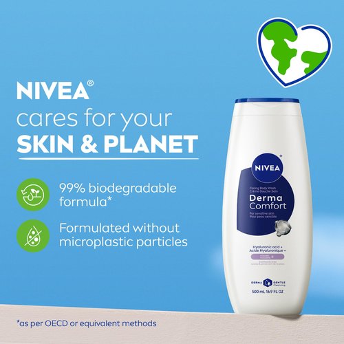 NIVEA Derma Comfort Caring Body Wash for Sensitive Skin, Body Wash with Hyaluronic Acid and Vitamin E, 16.9 Fl Oz Bottle, Pack of 3