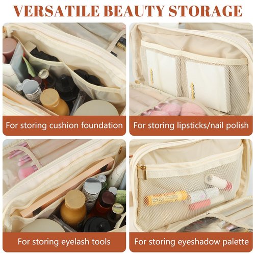 KEYPOWER Travel Makeup Bag Toiletry Bag Large Capacity Cosmetic Portable Waterproof Large Opening Vertical Free-Standing & Small Clutch for Women (White)