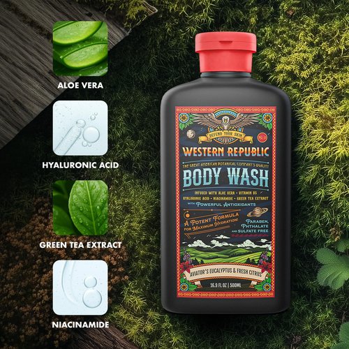 Aviator Men's Body Wash - Eucalyptus & Fresh Citrus Scent | Hydrating Anti-Aging Formula with Aloe & Niacinamide (2 Pack) | Made in USA