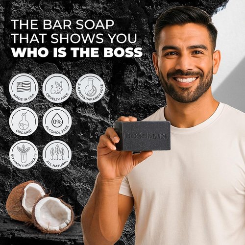 Bossman 4-in-1 Charcoal Soap Bar - All-Natural Men's Beard Wash, Shampoo, Body Wash & Shaving Solution | Eucalyptus & Tea Tree, 4 oz