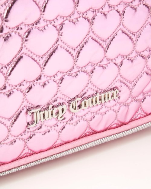 Juicy Couture Pink Makeup Bag - Shiny Puffer Heart Organizer with Hanging Hook for Travel Essentials