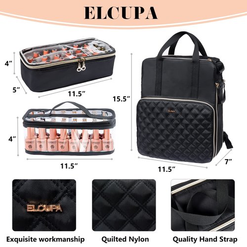 ELCUPA Nail Polish Organizer Backpack Holds 84-93 Bottles and a Nail Lamp, Nail Tech Storage Case Large Nail Polish Bag with 3 Removable Boxes and Tools Organizer Sections(Black)
