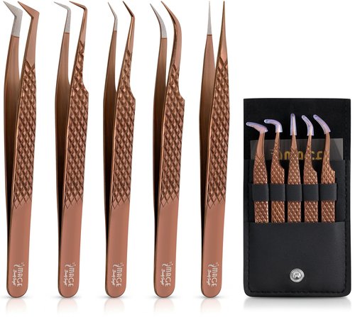 5 Pcs Fiber-Tip Japanese Steel Lash Tweezer Set with Leather Case, Professional Eyelash Tweezers for Lash Extensions – Titanium Coated, 90 & 45 Angled, Precision Pointed Tweezers (METALIC-ROSE)