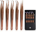 5 Pcs Fiber-Tip Japanese Steel Lash Tweezer Set with Leather Case, Professional Eyelash Tweezers for Lash Extensions – Titanium Coated, 90 & 45 Angled, Precision Pointed Tweezers (METALIC-ROSE)