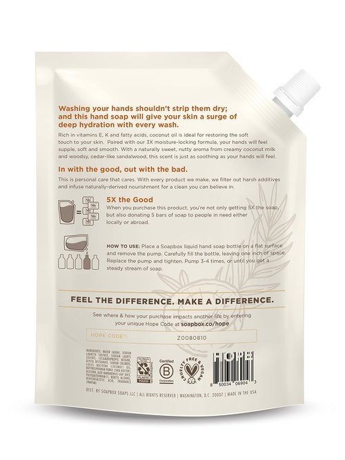 Soapbox Liquid Hand Soap Refill, Coconut Milk & Sandalwood, Vegan, Paraben Free, Moisturizing, Natural Hand Wash for Kitchen and Bathroom, 64oz Half Gallon Refill (Pack of 1)