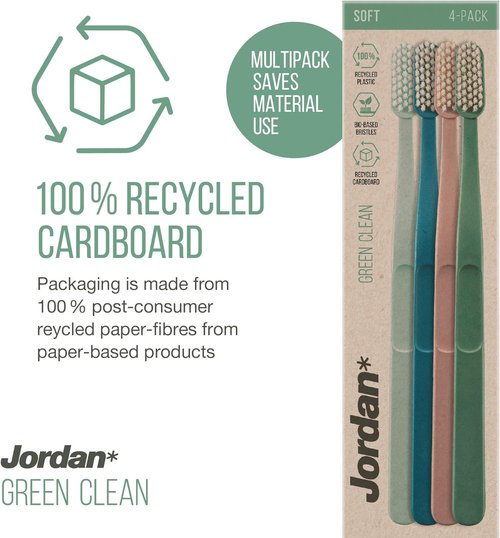 Jordan® Green Clean Manual Toothbrush - Sustainable Scandinavian Design, Soft Bristles | 4-Pack