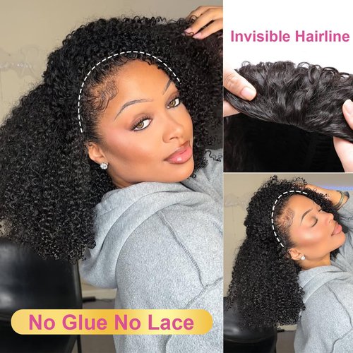 Urbeauty Half Wigs for Black Women Short Kinky Curly 3 in1 Half Wig Human Hair Soft Feeling Protein Silk Synthetic Hair Soft Lightweight Glueless Quick Install, Beginner Friendly Daily & Flip Over Wig