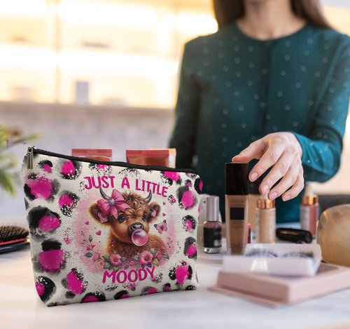 Uinwk Hot Pink Leopard Highland Cow Makeup Bag, Gifts for Women, Western Cosmetic Pouch, Just a Little Moody Cute Cow Lovers Stuff