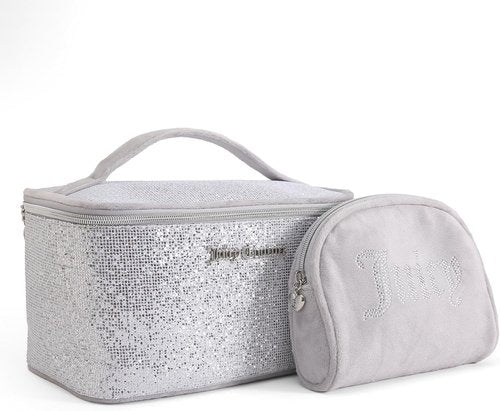 Juicy Couture Silver Sparkle Makeup Bag Set - Travel Essentials Organizer with Glitter & Rhinestones