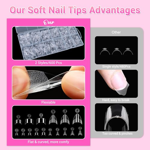 600PCS Extra Short Almond & Square Nail Tips Set, Short Almond Gel x Nail Tips, Half Cover Fake Nail Extensions, Clear Gel Nails Tips for DIY with 12 Sizes