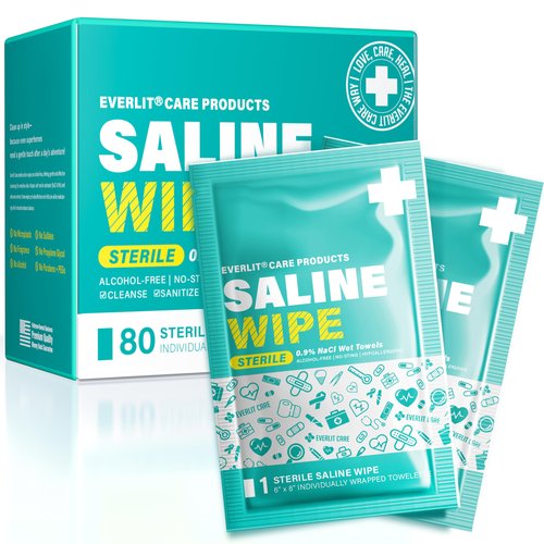 EVERLIT CARE Saline Wipes | 80 Pcs Sterile Wet Towelettes Formulated for Sensitive Skin | Nose, Piercing Aftercare, Baby & Kids | No-sting Alcohol-Free Wipes with Aloe Vera | 6" x 8" Extra Large Sheet