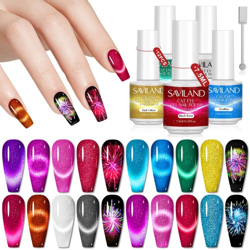 SAVILAND 12 Colors Crystal Cat Eye Gel Nail Polish Set: Glitter Shiny Dreamy Series with Double-head Magnetic Stick Reflective Disco 2025 Fall Gel Nail Polish Manicure DIY Nail Art Salon Home Gifts