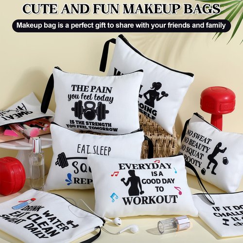 SilTriangle 8 Pcs Workout Cosmetic Bags Workout Gifts Funny Sports Lover Gym Gifts Gym Fitness Makeup Bags for Women Body Builder Zipper Pouch for Fitness Bodybuilding Lovers