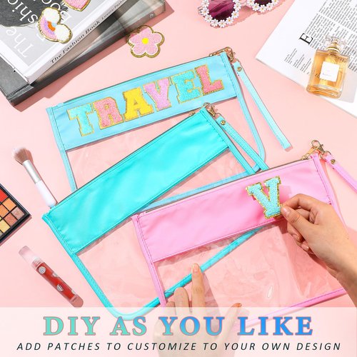 Sanwuta 3 Pcs Clear Flat Zipper Pouches for Travel Women, Nylon Waterproof PVC Makeup Snack Bags Set Organizer Portable Storage DIY Chenille Letter Beach Stuff Toiletry Gym(Pink, Green, Blue)