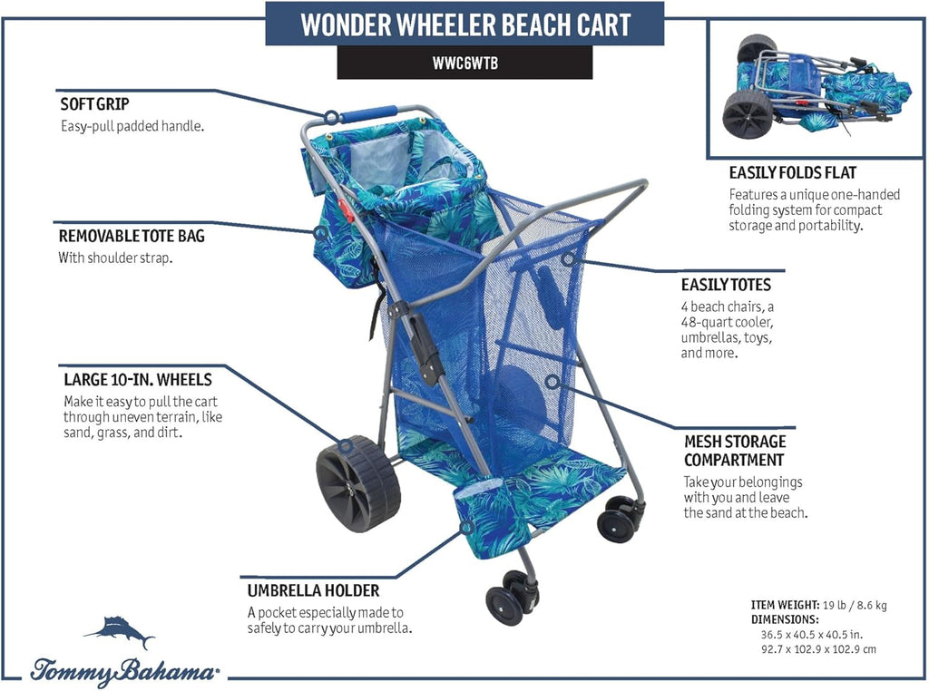 Tommy Bahama Beach Cart - Deluxe Folding Caddy for Towels & Accessories | Holds 48-Quart Cooler & 4 Chairs, Blue