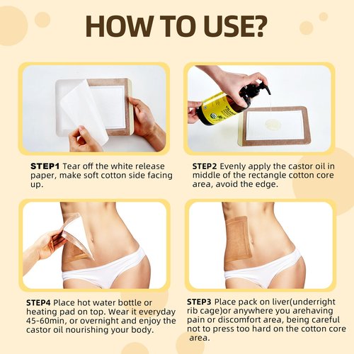 50Pcs Castor Oil Pack Wrap with 16oz castor oil Organic Cold Pressed Unrefined Glass Bottle,Disposable Castor Oil Patches for Belly Button,Stomach,Knee,Feet,Entire Body