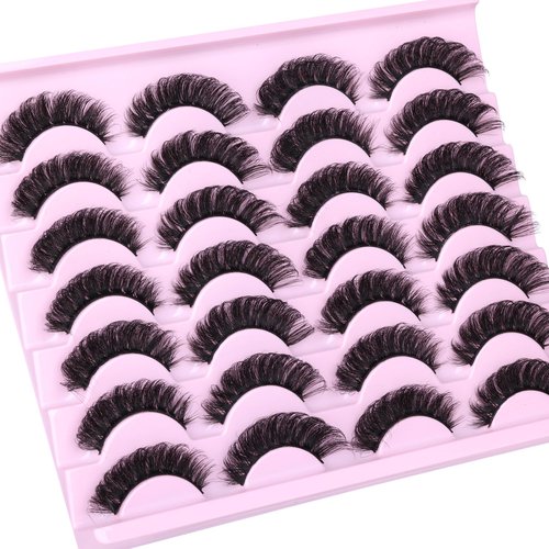 False Eyelashes Volume Russian Strip Lashes D-Curly Fake Eyelashes Extension Wispy Cat Eye Lashes Handmade Soft Reusable 14 Pairs Lashes Pack