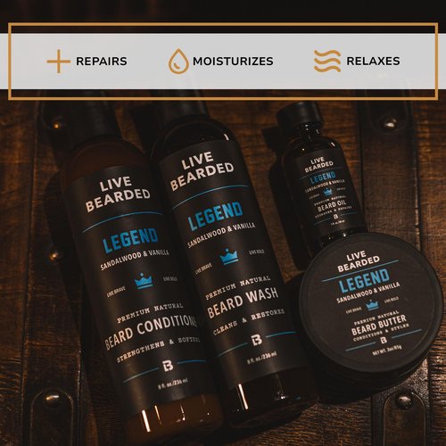 Live Bearded Complete Beard Grooming Kit - Wash, Conditioner, Butter and Oil - Made in the USA with All-Natural Ingredients - Mens Groom Set | Legend Scent - Sandalwood, Vanilla