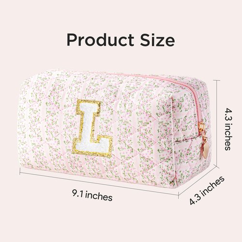 HBselect Initial Makeup Bag for Women, Pink Cosmetic Travel Toiletry Bag, Flowers Zipper Make Up Pouch Organizer Teen Girl Gifts Trendy Stuff L