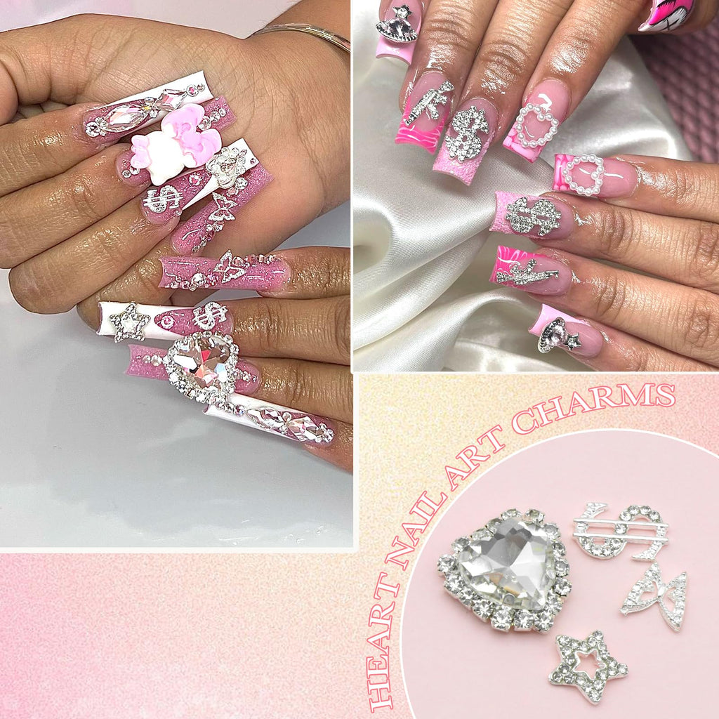 YAEISM Nail Art Charms Kit - 3D Crystal Heart, Sliver Dollar Sign, Metal Butterfly, Silver Rhinestones, Star Nail Gems for DIY Crafts & Jewelry Decoration