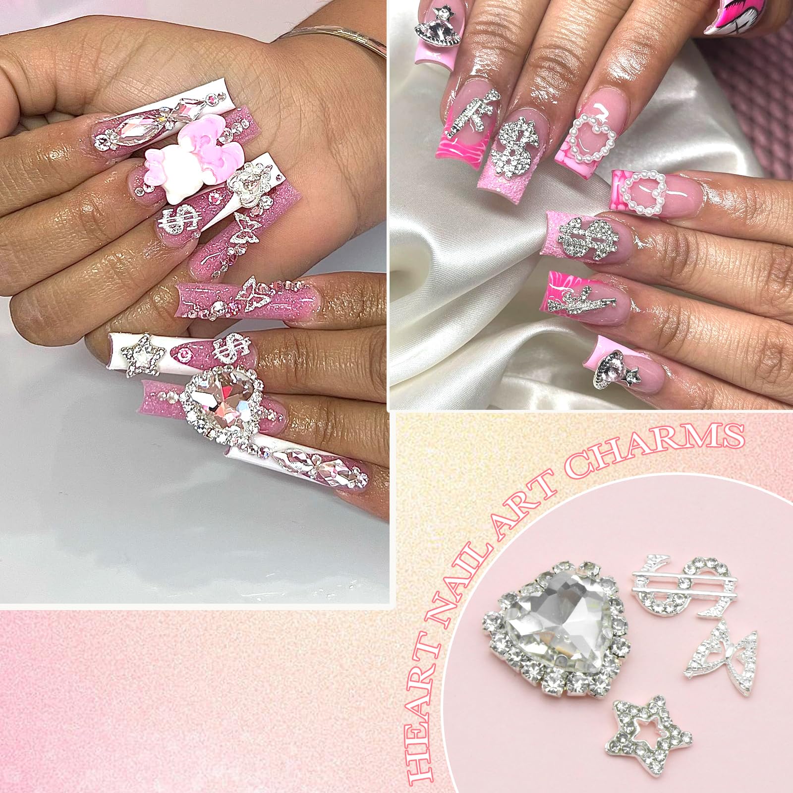 YAEISM Nail Art Charms Kit - 3D Crystal Heart, Sliver Dollar Sign, Metal Butterfly, Silver Rhinestones, Star Nail Gems for DIY Crafts & Jewelry Decoration