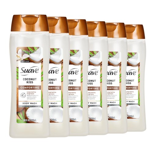 Suave Moisturizing Body Wash Women, Coconut Kiss with Vitamin E and Aloe Extracts, No Parabens, No Phthalates, 18 Oz (Pack of 6)