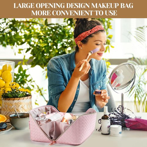 SFXULIX Large Capacity Travel Cosmetic Bag - Waterproof PU Leather Makeup Organizer | Pink with Handle & Divider