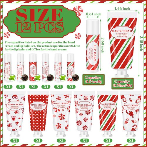 Leelosp 12 Pcs 6 Sets Christmas Hand Cream and Lip Balm Gift Set Bulk Mini Travel Size Lotion and Lip Balm with Peppermint Candy Theme Xmas Stocking Stuffers Thank You Gift for Women Staff Coworker