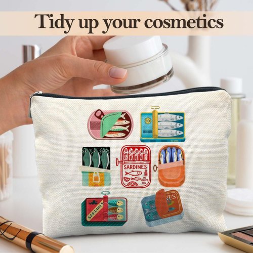 Likjad Sardines Tin Beach Makeup Bag, Coastal Sardine Fish Cosmetic Bags for Women, Fish Lover Gifts Makeup Pouch, Nautical Beachy Ocean Zipper Pouch