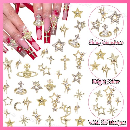 130 Pcs Alloy Gold Star Cross Nail Charms, 21 Styles 3D Y2K Metal Star Cross Moon Planet Gold Nail Charms and Gems for Nails Art Design DIY Accessories