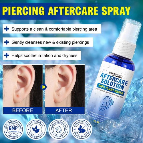 Piercing Aftercare Spray | Saline Spray For Piercings | Gentle Cleanser For Ear, Nose, Belly Button & Cartilage Piercings | Soothing, Alcohol-Free Fine Mist, 2 Fl Oz