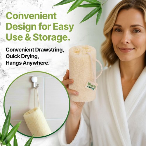 Verde Living 100% Natural Loofah Sponge for Body - 3 Loofa Pack 6 Inch Exfoliating Sponge with Drawstring - Large Organic Shower Loofah for Men and Women