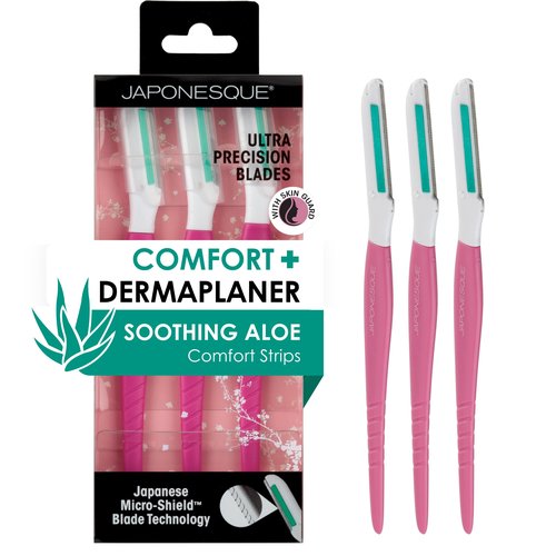 JAPONESQUE Dermaplaner with Soothing Aloe Comfort Strip - Skin Tool with Ultra Precision Blade for Facial Hair Removal and Exfoliation, 3pk.