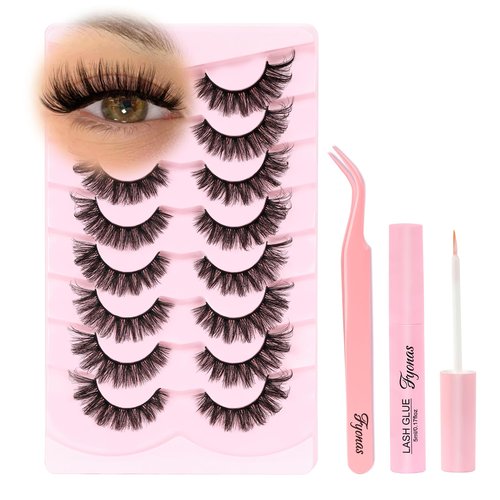 Fyonas Cat Eye Lashes Wispy False Eyelashes Fluffy Faux Mink Lashes 8 Pairs D Curl Fake Lashes Multi-layered Strip Lashes 8-18mm Lash Kit with Lash Glue and Tweezers (Hottie)