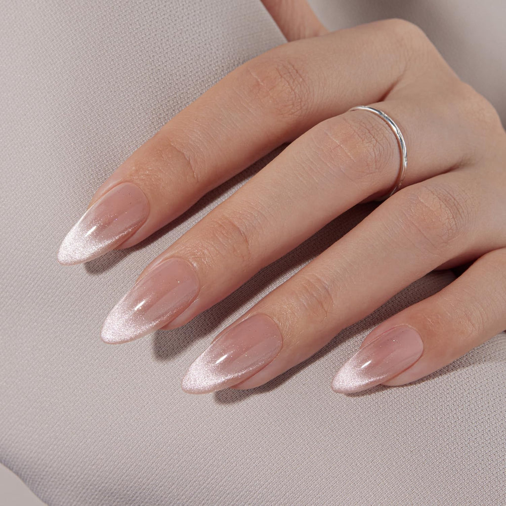 VSALON Press On Nails Almond Medium, Cat Eye French Tip Nude Pink Sparkly Fake Nails With UV Glue Reusable Semi-transparent Spring Wedding Stick On Nails 32 Pcs 16 Sizes