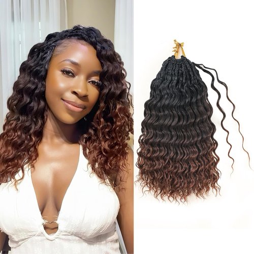 Pre looped Ocean Wave Crochet Hair 8 Packs 12 Inch Ombre Brown Auburn Synthetic Pre Twisted Ocean Braids Hair Boho Deep Wave Short Curly Crochet Hair for Black Women (12 Inch, T1B/4/30#)
