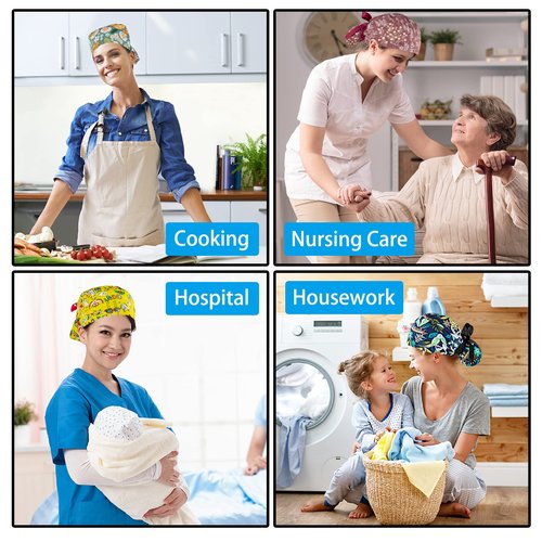 Scrub Caps Women Bouffant Scrub Caps, Adjustable Working Cap Ponytail Pouch Tie Back Shower Cap