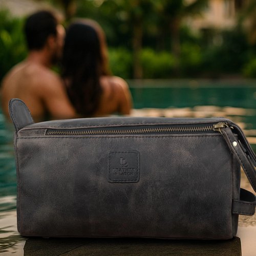 Full Grain Leather Toiletry Bag for Men & Women – Water-Resistant Travel Shaving Kit Organizer with YKK Zipper, Spacious Bathroom Grooming & Cosmetic Storage Case - Chalkboard Grey