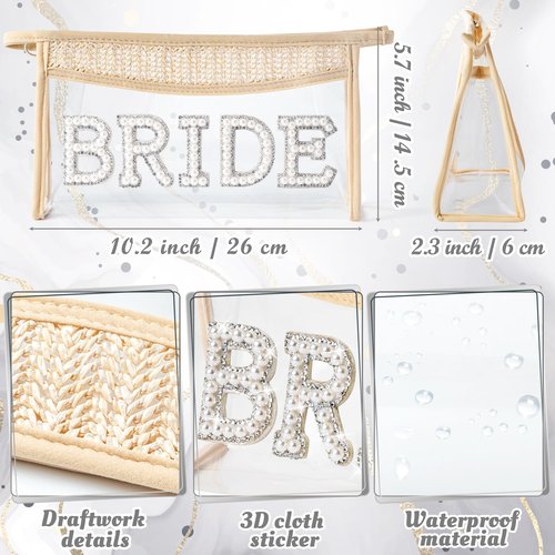 Boho Patch BRIDE Makeup Bag Clear Cosmetic Bag Zipper Travel Toiletry Bag Transparent Waterproof Makeup Bag Cute Makeup Pouch Bridal Bag Christmas Engagement Wedding Gift for Women (BRIDE White Pearl)