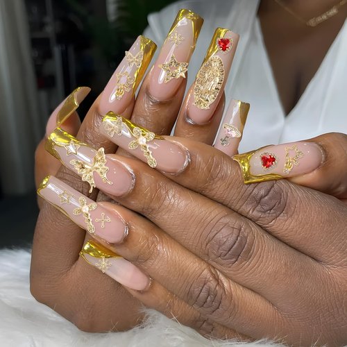 KYLELOVE 60 PCS Bulk Y2K Bling Rhinestones Gold Nail Charms 3D Gold Cross Star Butterfly Charms for Nails Gems Supplies