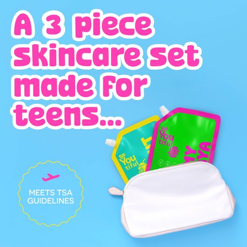 BeYoutiful 3 Step Teen Skin Care Kit, Face Wash, Face Scrub, Face Moisturizer Lotion, Skincare Routine Gift Set for Tweens and Kids in Trendy Squeeze Pouches, Vegan, for Girls and Boys