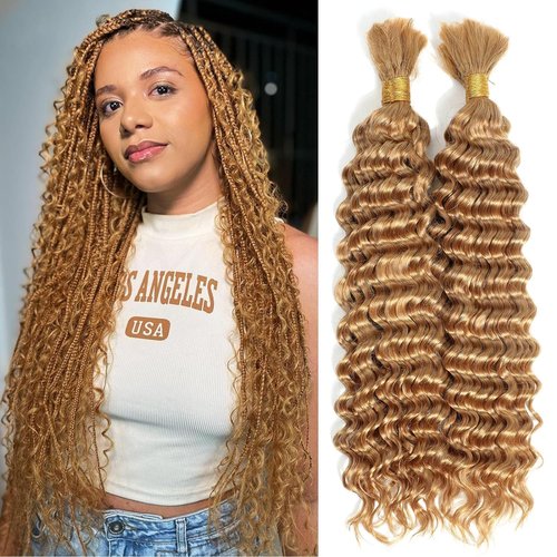 Braiding Hair Ubinica 27# Honey Blonde Deep Wave Bulk Human Hair for Braiding 2 Bundles Total 100g 16 Inch Deep Wave Bulk Braiding Hair for Boho Braids