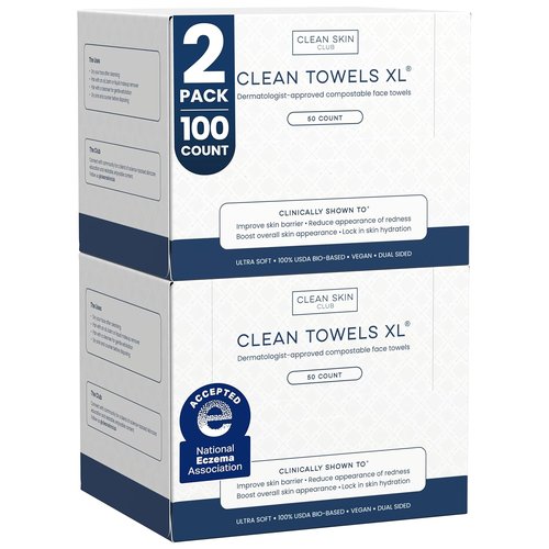 Clean Skin Club Clean Towels XL® - 100% Biobased Disposable Face Towels | Ultra Soft, 50 Count Pack (2 Packs)